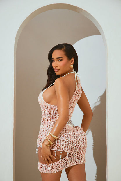 Celestine Crochet Crystals Cover Up Dress - Pink