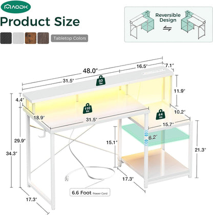 Computer Desk, 48 Inch Gaming Desk with Led Lights & Power Outlet, Office Desk with Printer Storage Shelves, Reversible Desk with Monitor Shelf & Headphone Hook, White-2
