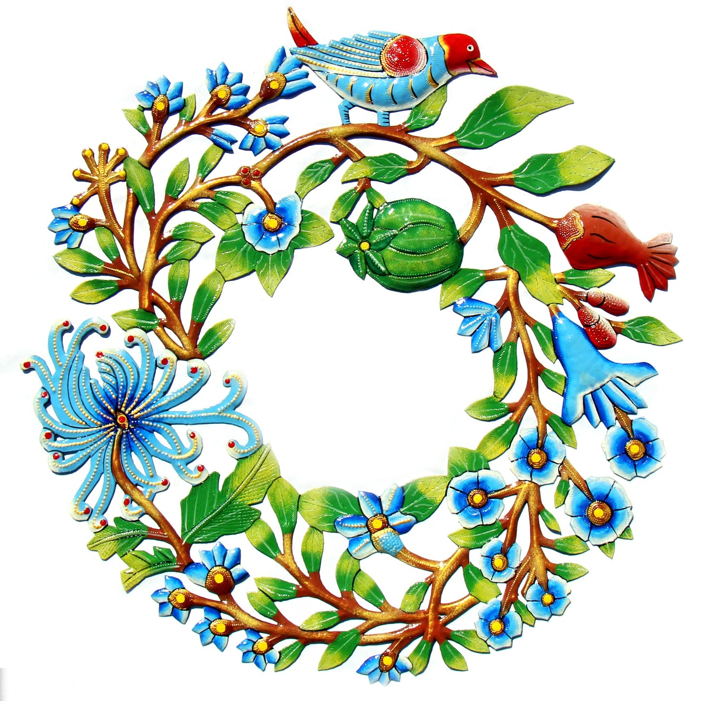 BLUE BIRD DOOR WREATH HAITIAN METAL DRUM WALL ART