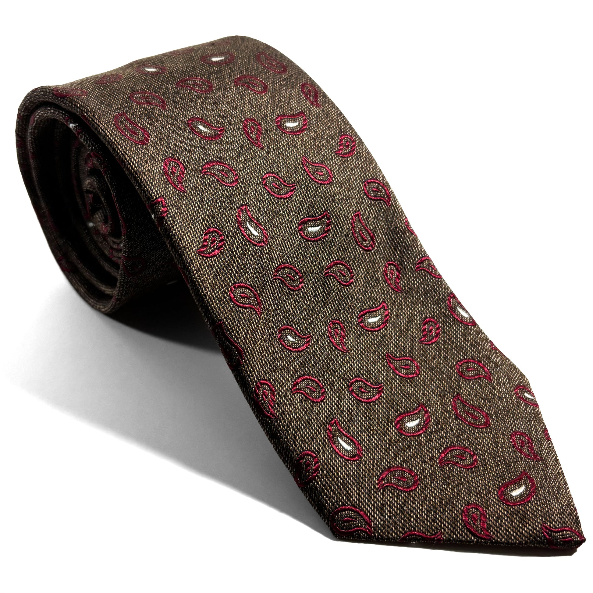 Brown & Burgundy Paisley Silk Jacquard Tie-0