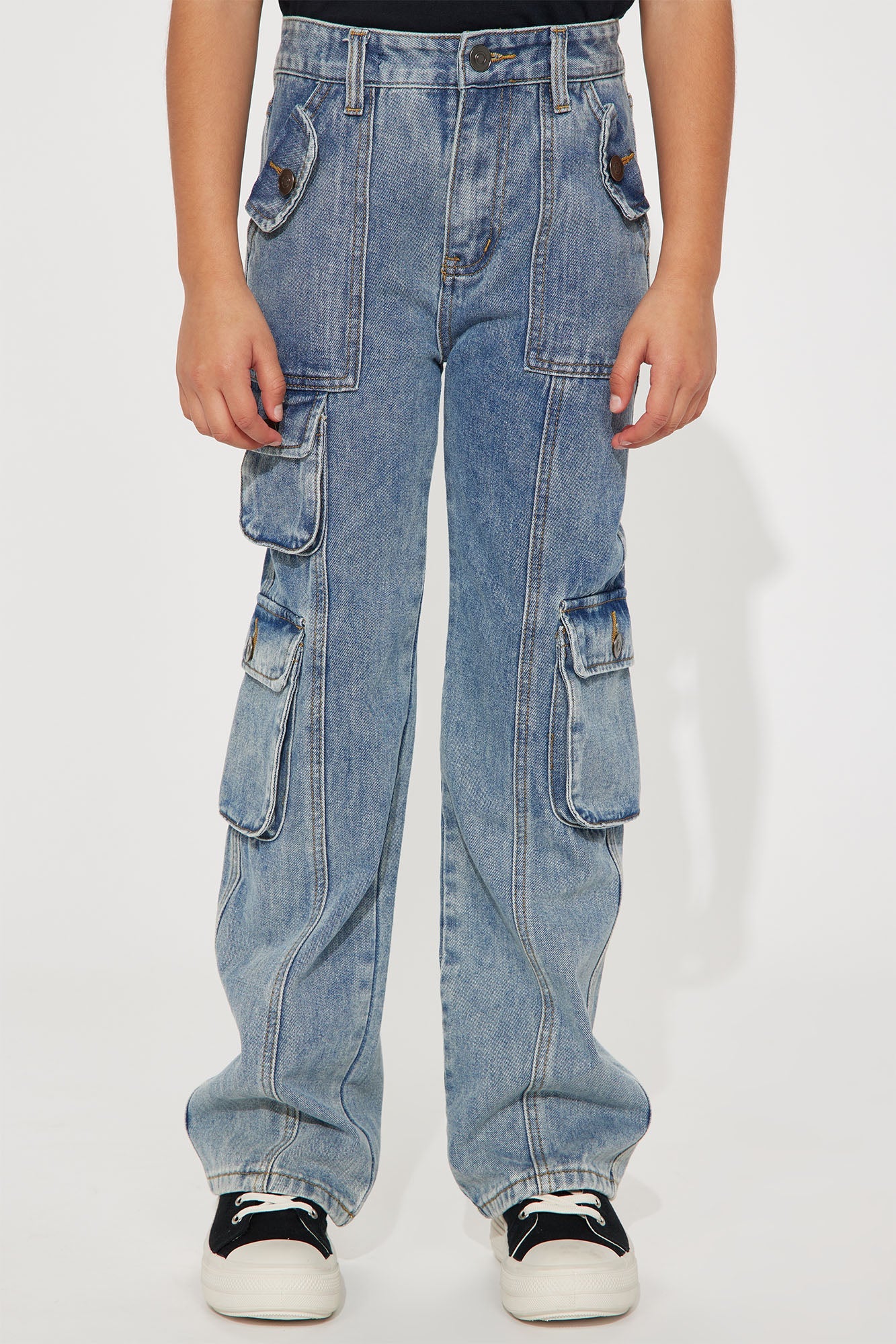 Mini Wide Leg Cargo Jeans - Blue Wash