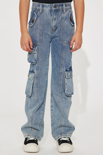 Mini Wide Leg Cargo Jeans - Blue Wash