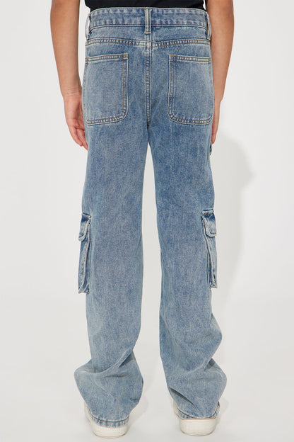 Mini Wide Leg Cargo Jeans - Blue Wash