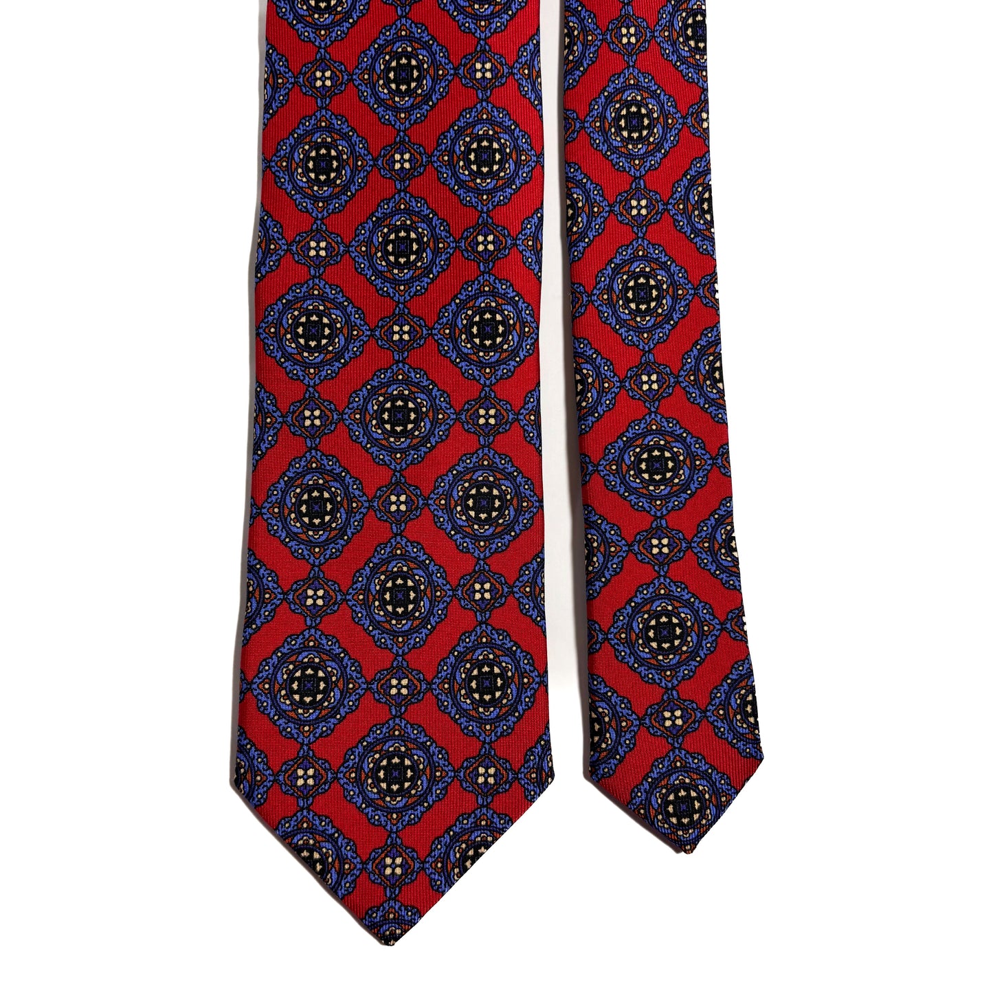 Hand-Printed Red Geometric Medallion Ancient Madder Silk Tie-2