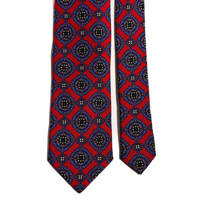 Hand-Printed Red Geometric Medallion Ancient Madder Silk Tie-2