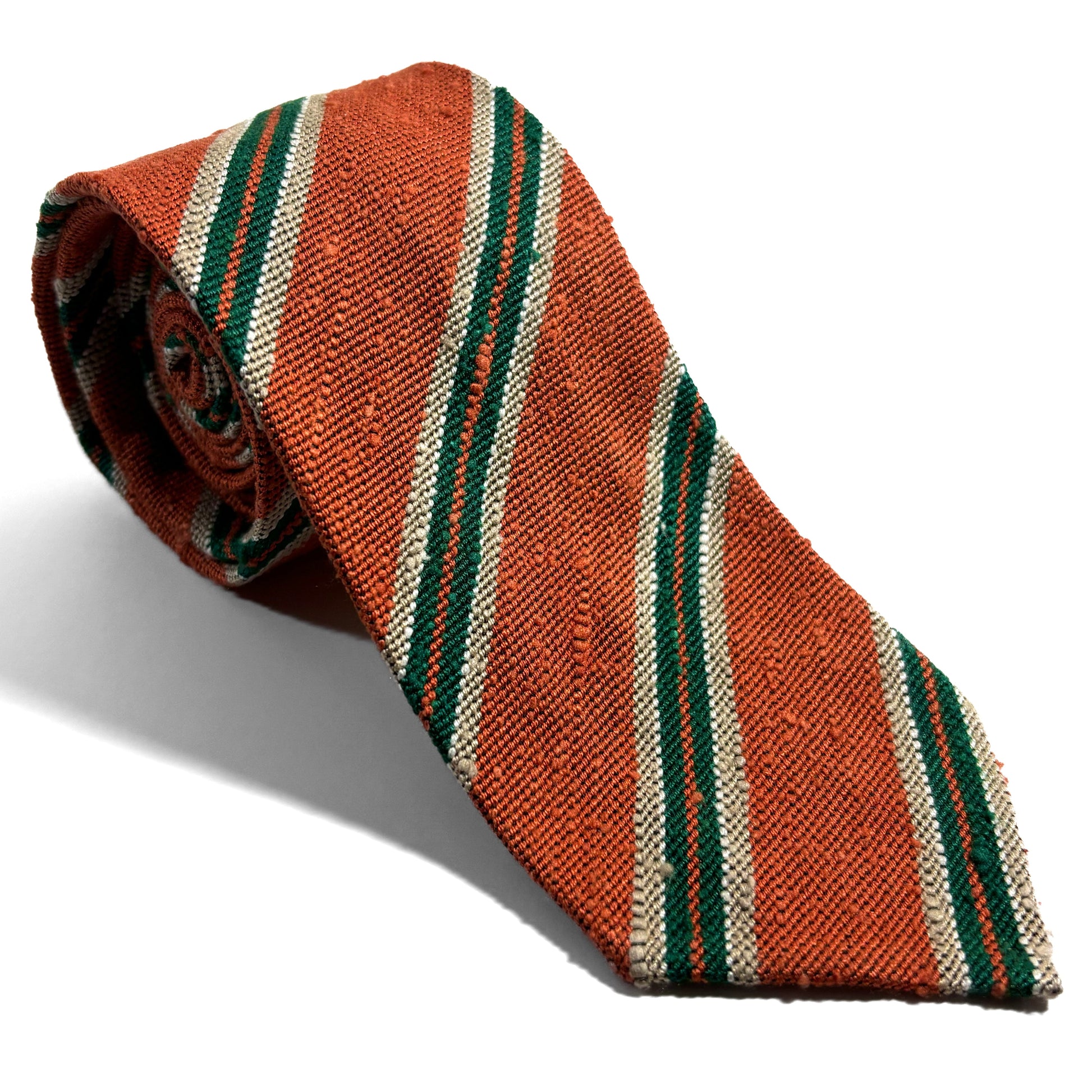 Untipped Orange & Green Striped Silk Shantung Tie-0