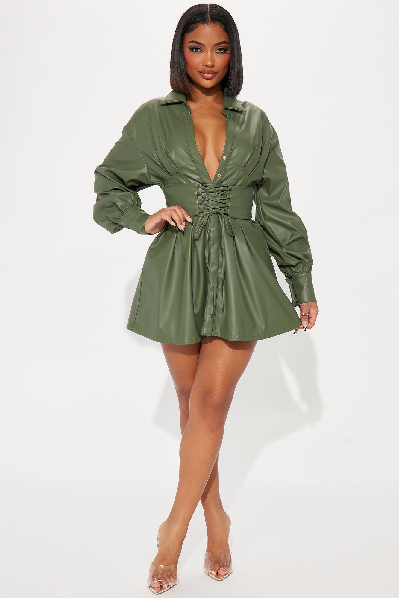 Bianca Faux Leather Mini Dress - Olive