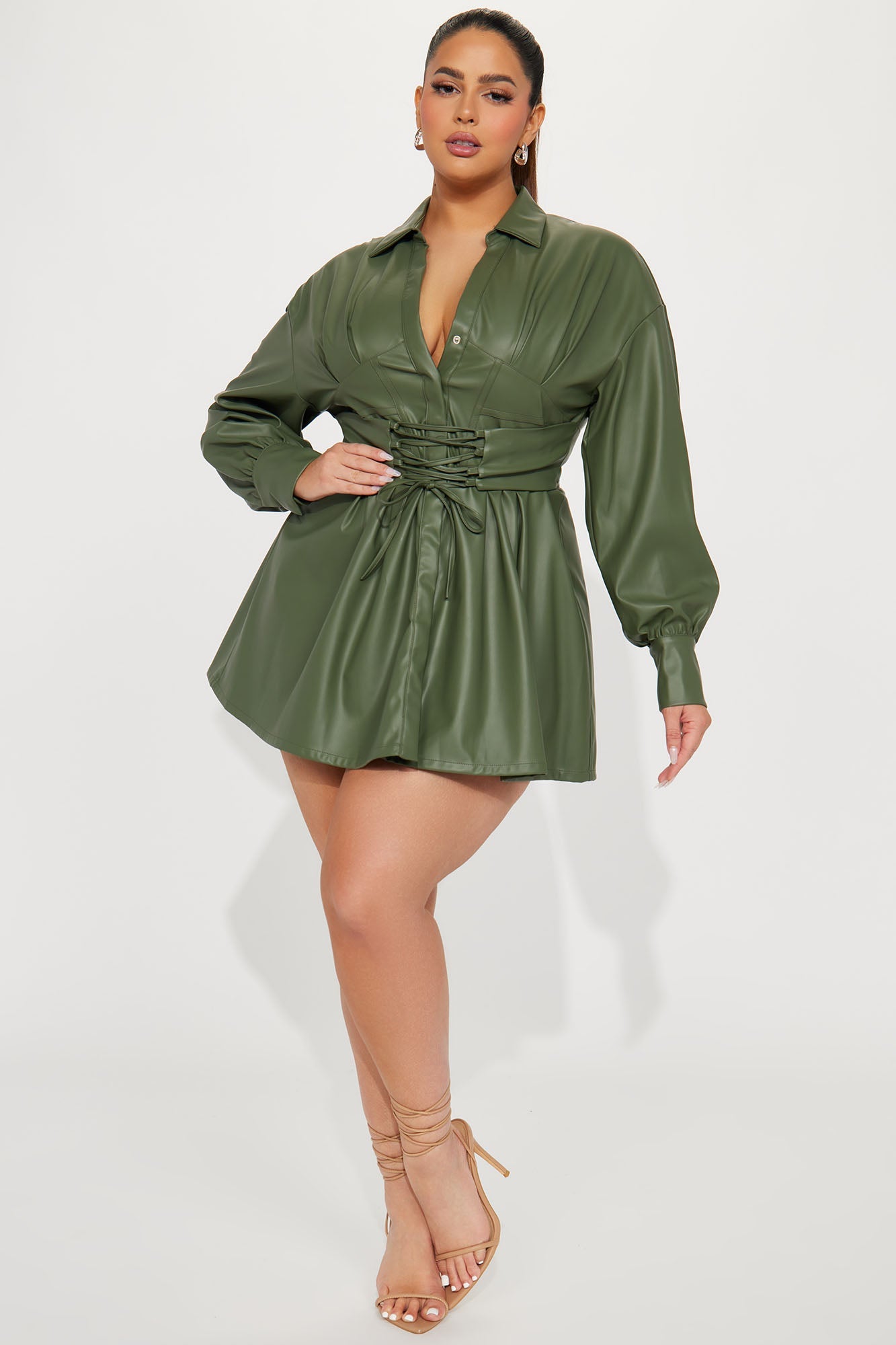 Bianca Faux Leather Mini Dress - Olive