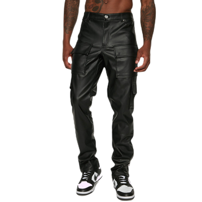 Jude Men's Classic Leather Slim Cargo Pants Black-0
