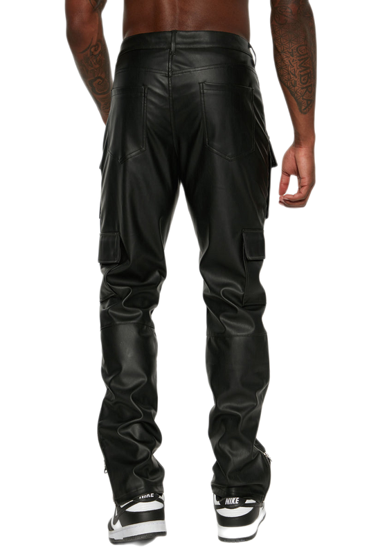 Jude Men's Classic Leather Slim Cargo Pants Black-1