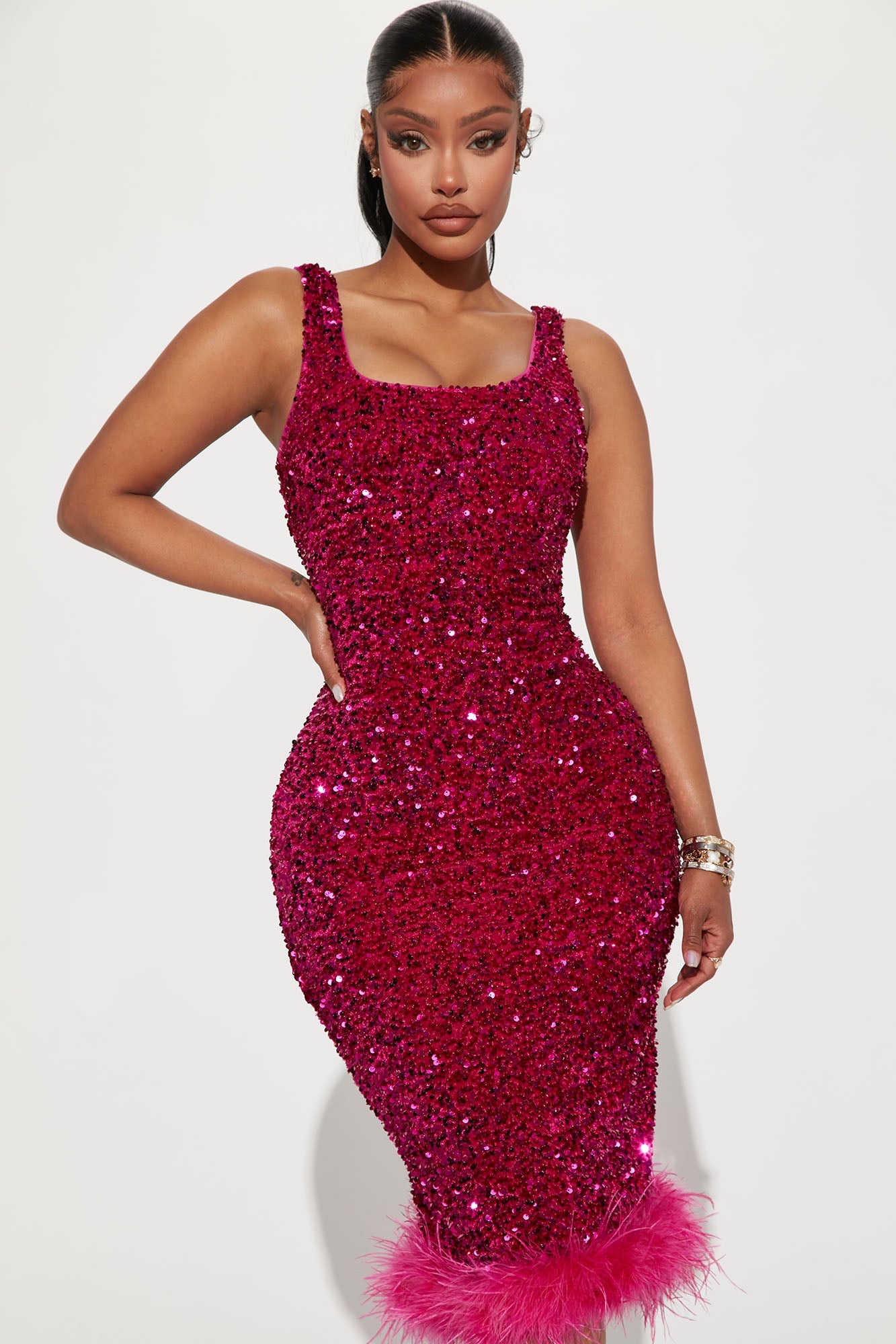 Hollie Sequin Midi Dress - Magenta