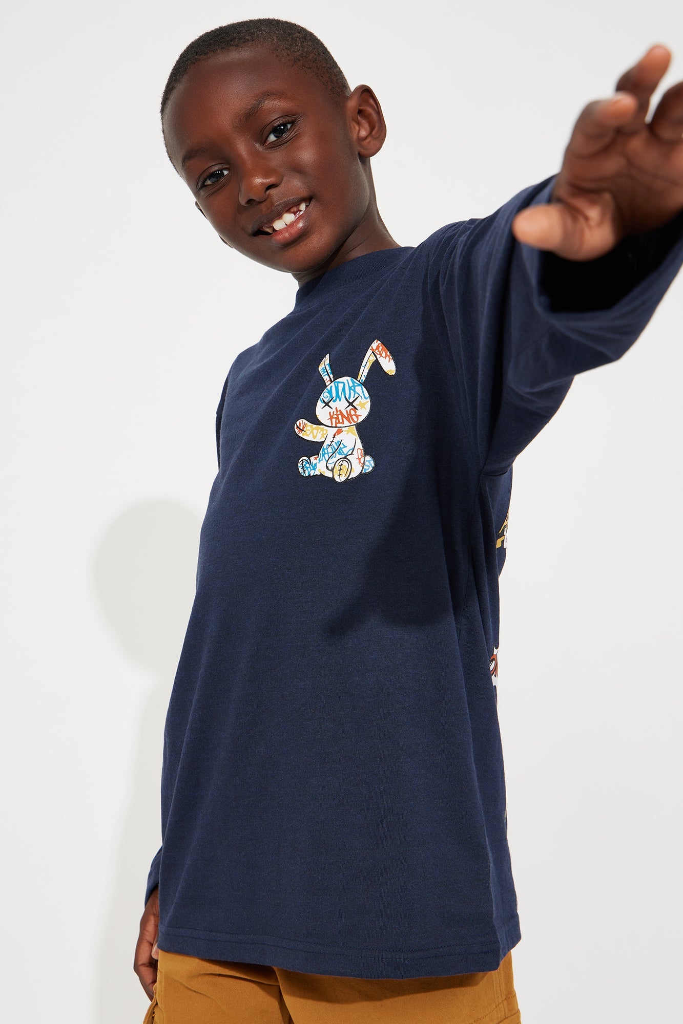 Mini Graffiti Bunny Front/Back Long Sleeve Tee - Navy