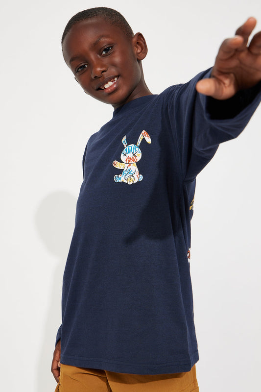 Mini Graffiti Bunny Front/Back Long Sleeve Tee - Navy