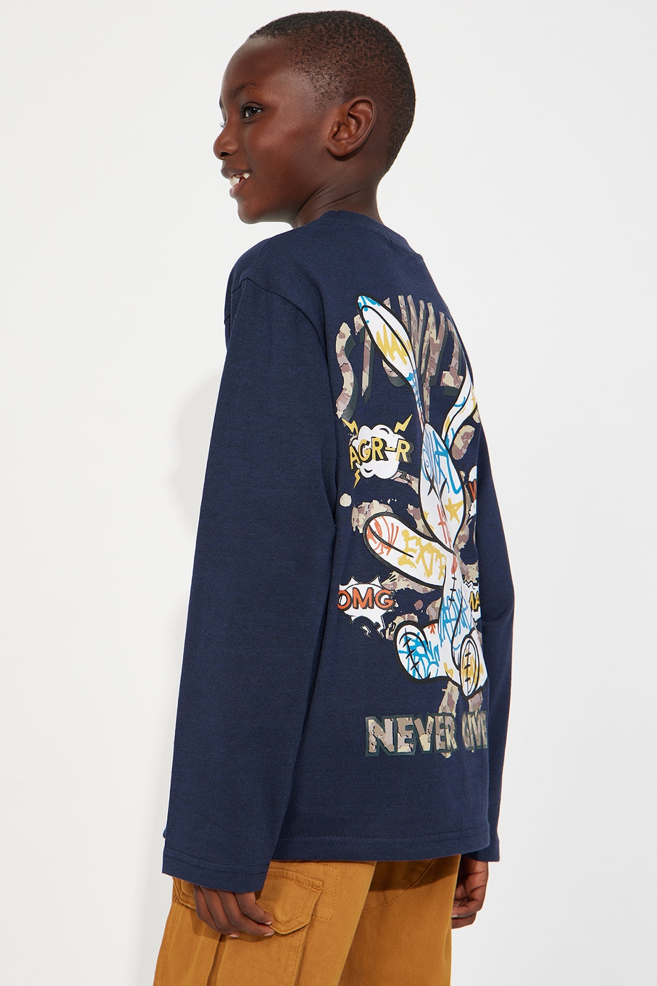 Mini Graffiti Bunny Front/Back Long Sleeve Tee - Navy