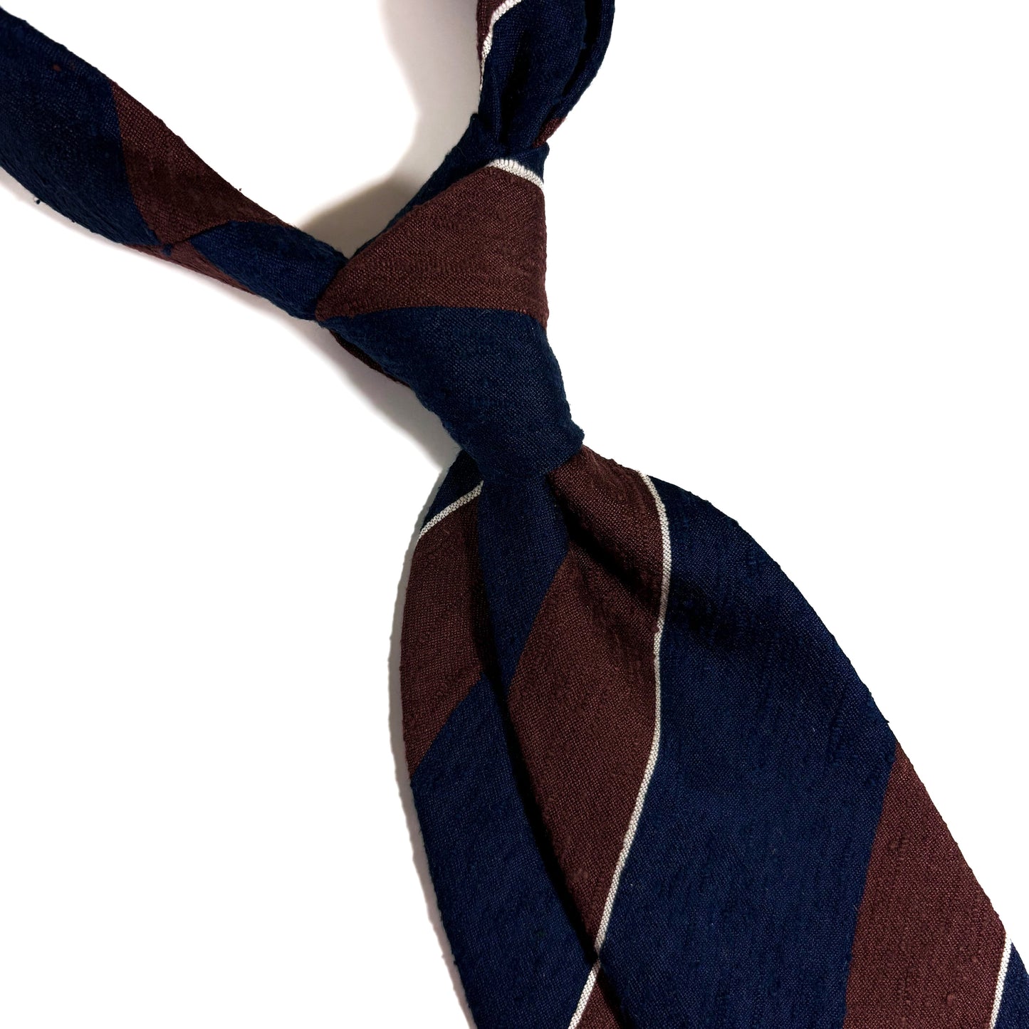 Untipped Navy Blue & Brown Block Stripe Silk Shantung Tie-1