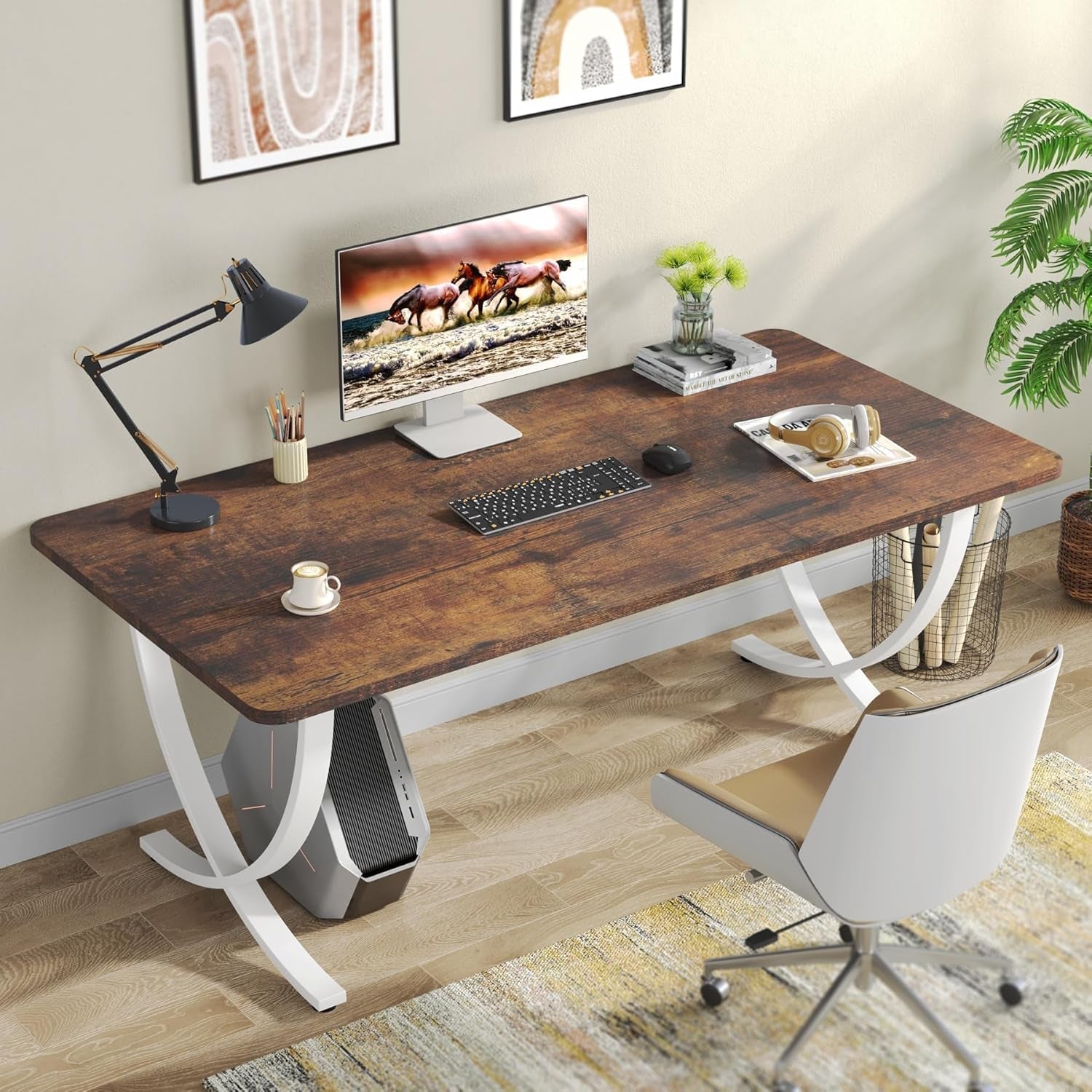 Executive Desk, 63” W X 31.5” D Large Office Desk, Modern Computer Desk Conference Table Meeting Room Table, Business Furniture for Home Office, White and Walnut-2