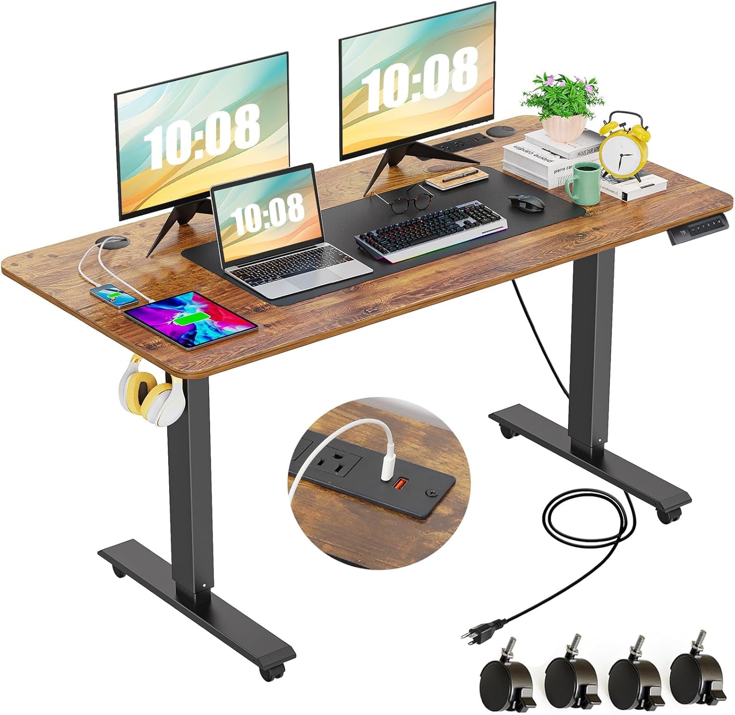 Electric Standing Desk 55 X 24In with Charging Station, Stand up Desk with Oversized Mouse Pad, 2 USB Ports & 3 Power Outlets, 4 Caster, 4 Preset Heights Easy to Set（Brown）-0