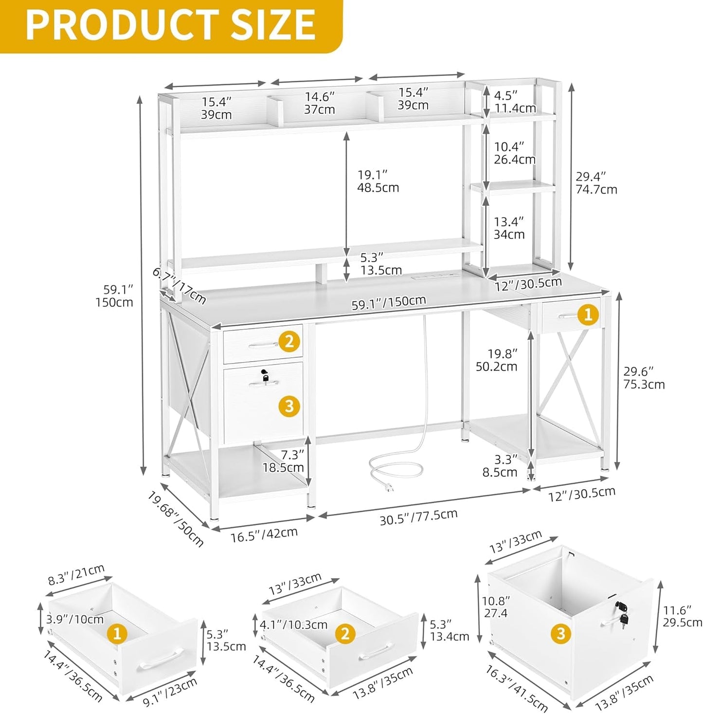White Office Desk With Drawers LED Lights And Outlets-1
