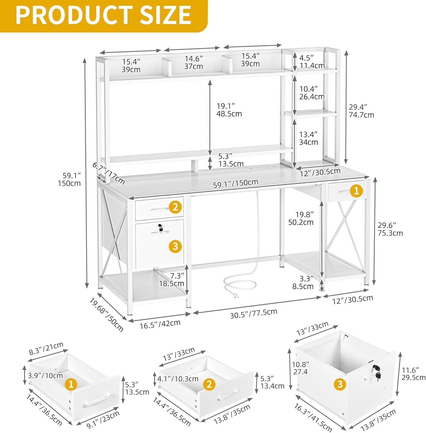White Office Desk With Drawers LED Lights And Outlets-1