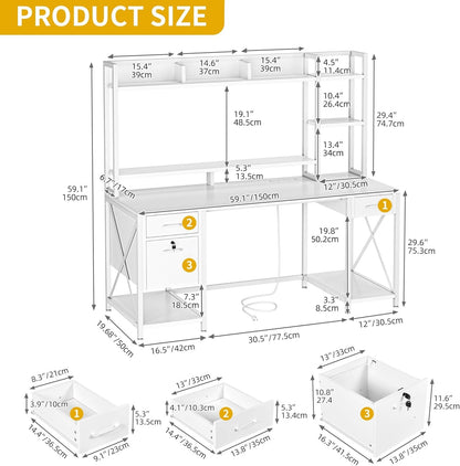 White Office Desk With Drawers LED Lights And Outlets-1