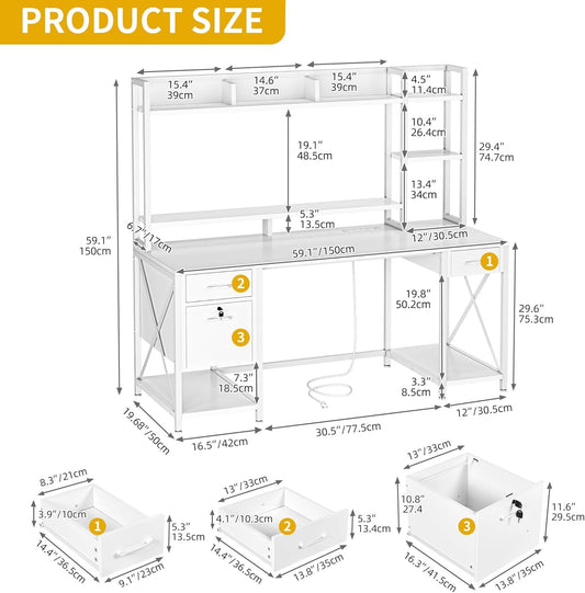 White Office Desk With Drawers LED Lights And Outlets-1