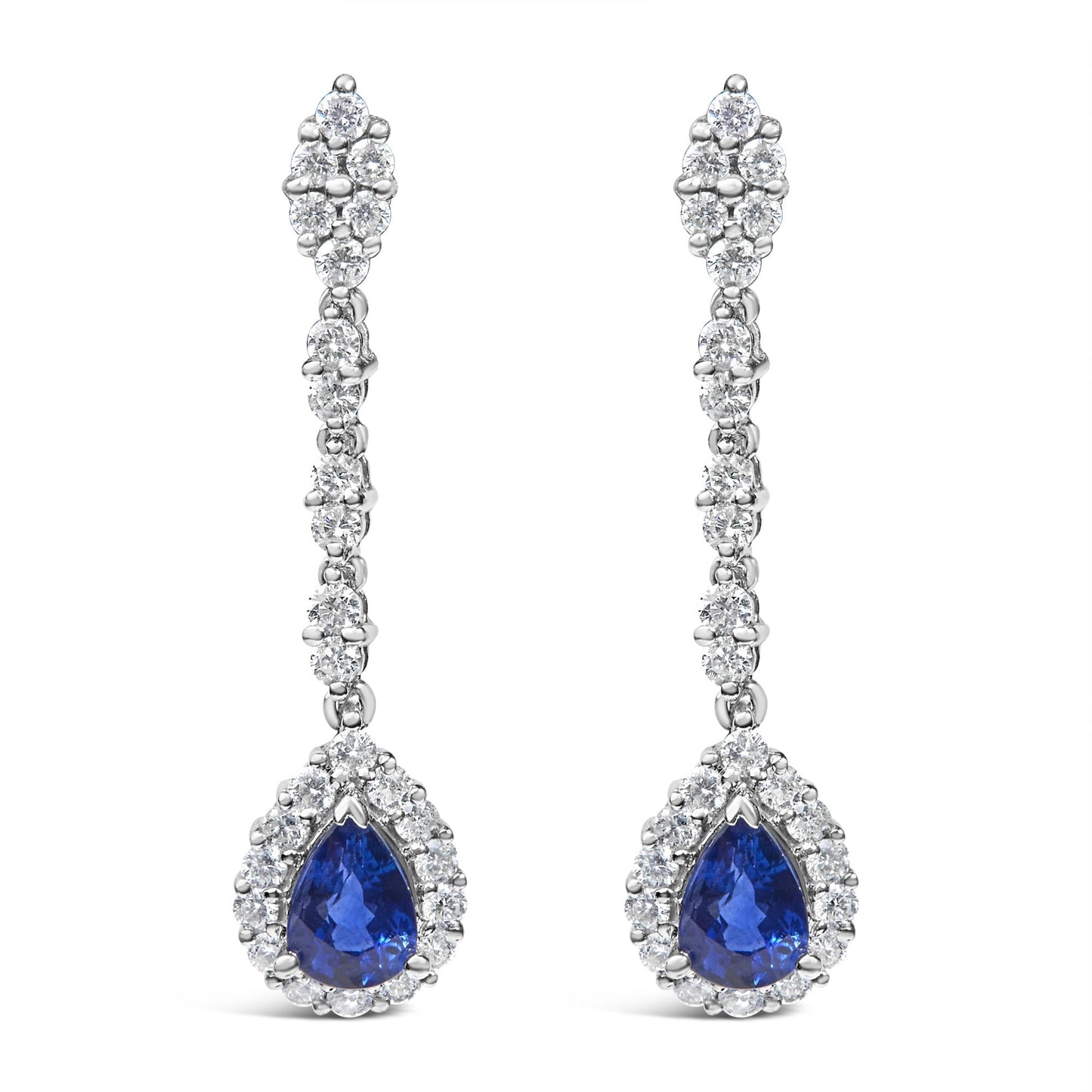18K White Gold 1 3/5 Cttw Diamond and 7X5 MM Pear Shaped Blue Sapphire 1 1/3 Inch Drop and Dangle Halo Earrings (G-H Color, VS1-VS2 Clarity)-0
