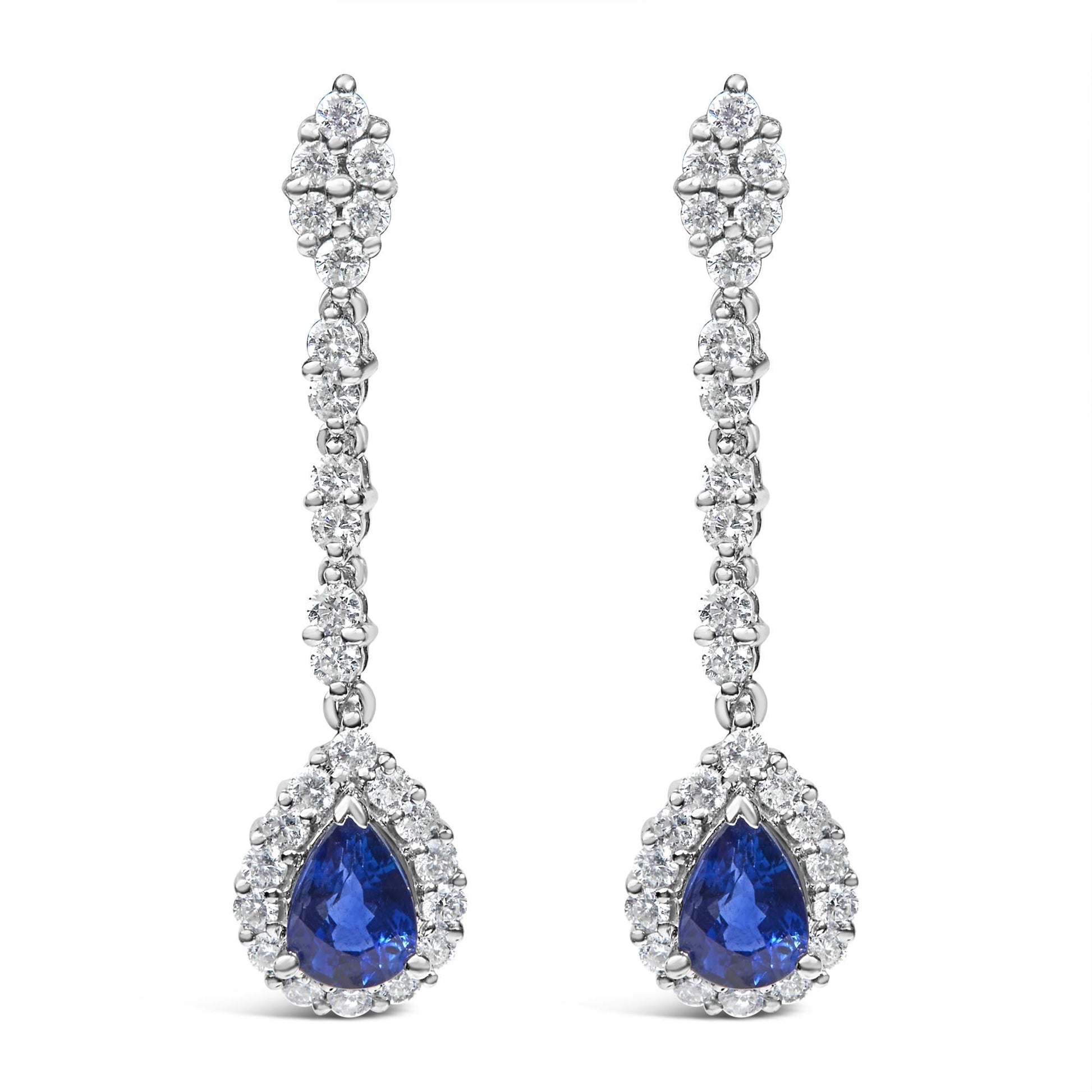 18K White Gold 1 3/5 Cttw Diamond and 7X5 MM Pear Shaped Blue Sapphire 1 1/3 Inch Drop and Dangle Halo Earrings (G-H Color, VS1-VS2 Clarity)-0
