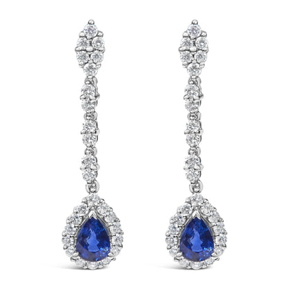 18K White Gold 1 3/5 Cttw Diamond and 7X5 MM Pear Shaped Blue Sapphire 1 1/3 Inch Drop and Dangle Halo Earrings (G-H Color, VS1-VS2 Clarity)-0