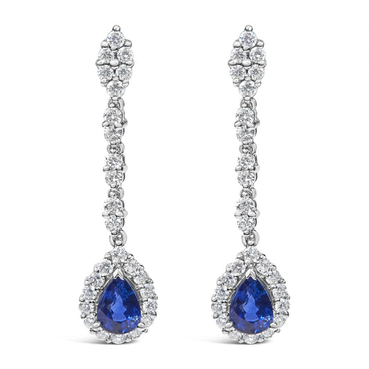 18K White Gold 1 3/5 Cttw Diamond and 7X5 MM Pear Shaped Blue Sapphire 1 1/3 Inch Drop and Dangle Halo Earrings (G-H Color, VS1-VS2 Clarity)-0