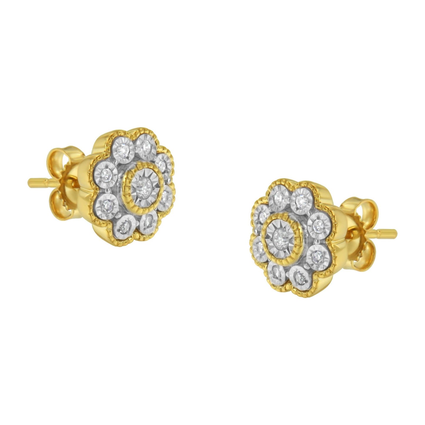 14K Yellow Gold Plated .925 Sterling Silver 1/6 Cttw Miracle-Plate Set Diamond Floral Stud Earrings (I-J Color, I2-I3 Clarity)-0