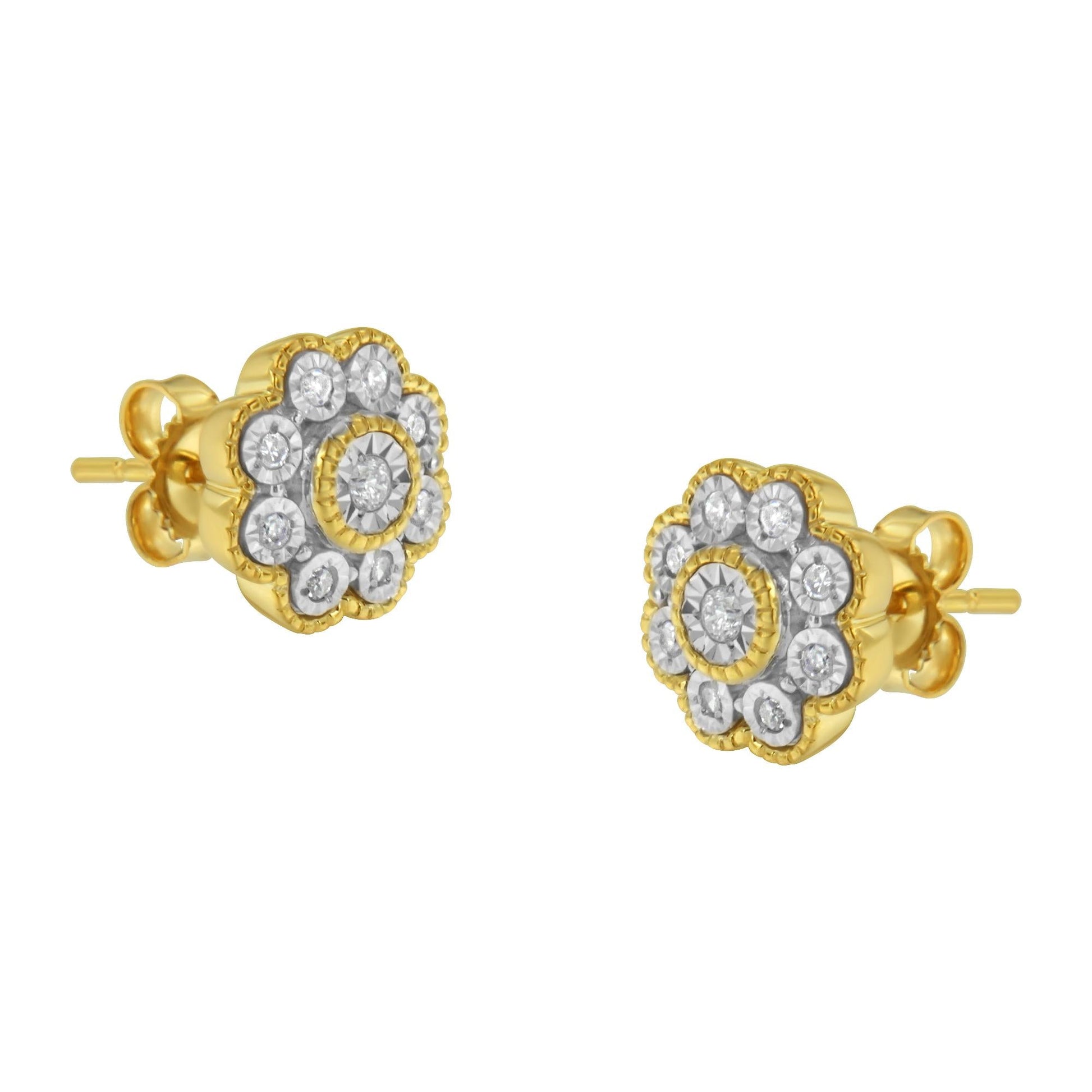14K Yellow Gold Plated .925 Sterling Silver 1/6 Cttw Miracle-Plate Set Diamond Floral Stud Earrings (I-J Color, I2-I3 Clarity)-0