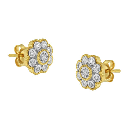 14K Yellow Gold Plated .925 Sterling Silver 1/6 Cttw Miracle-Plate Set Diamond Floral Stud Earrings (I-J Color, I2-I3 Clarity)-0