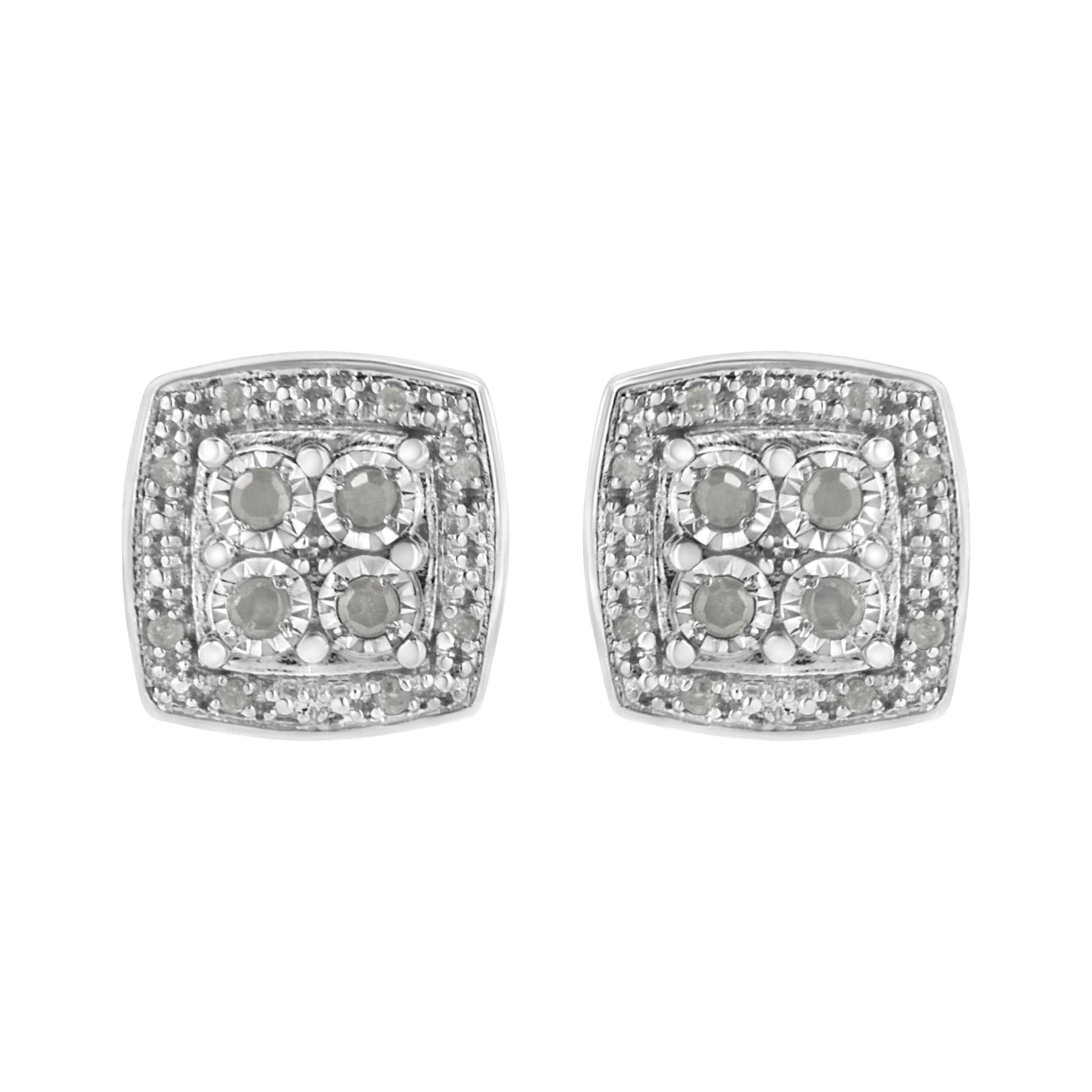 .925 Sterling Silver 1/4 cttw Round Cut Diamond Square Shape Milgrain Stud Earrings (I-J Color, I3 Clarity)-0