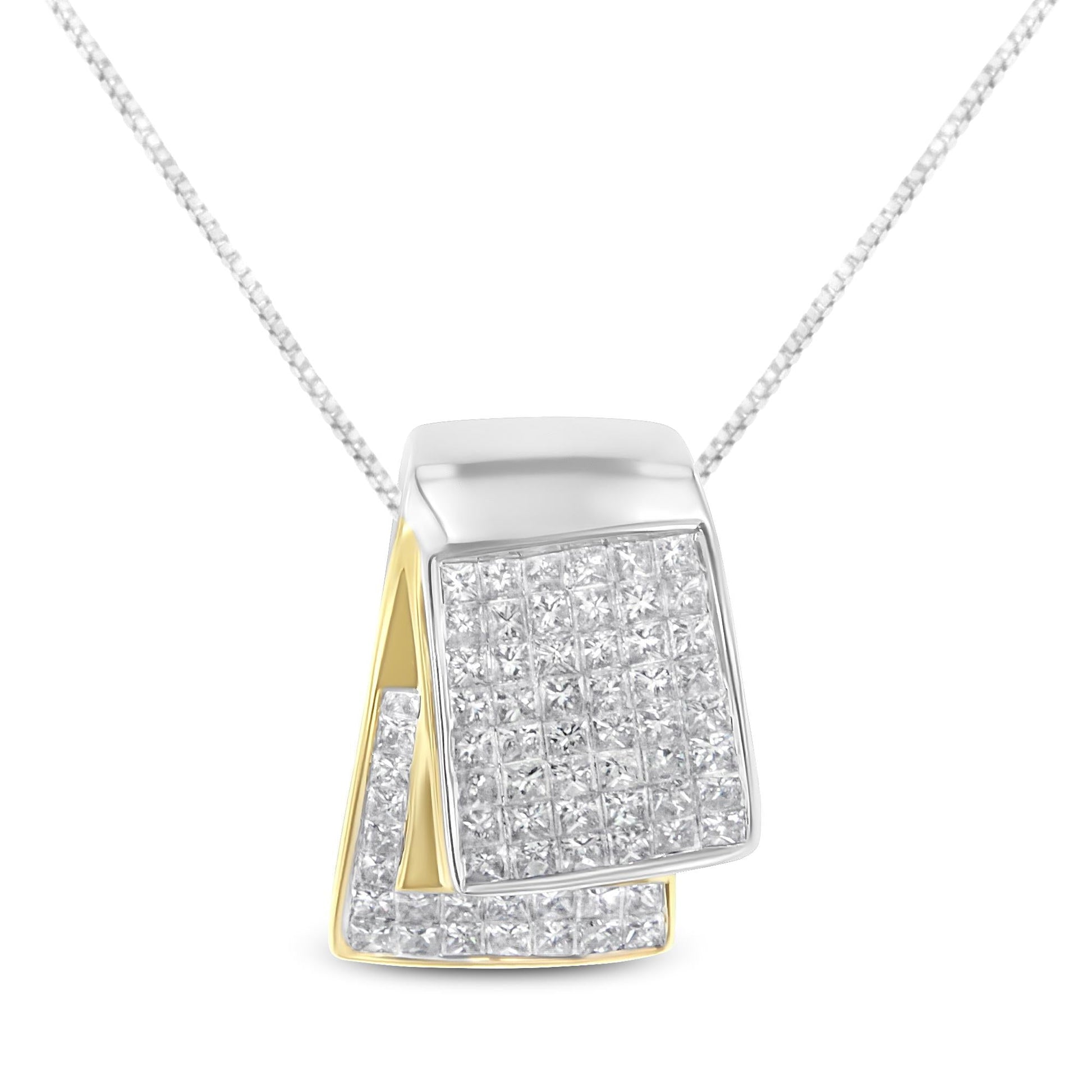 14K White and Yellow Gold 2.0 Cttw Princess Cut Diamond Two Tone Foldover Box Pendant 18” Box Chain Necklace (H-I Color, SI1-SI2 Clarity)-0