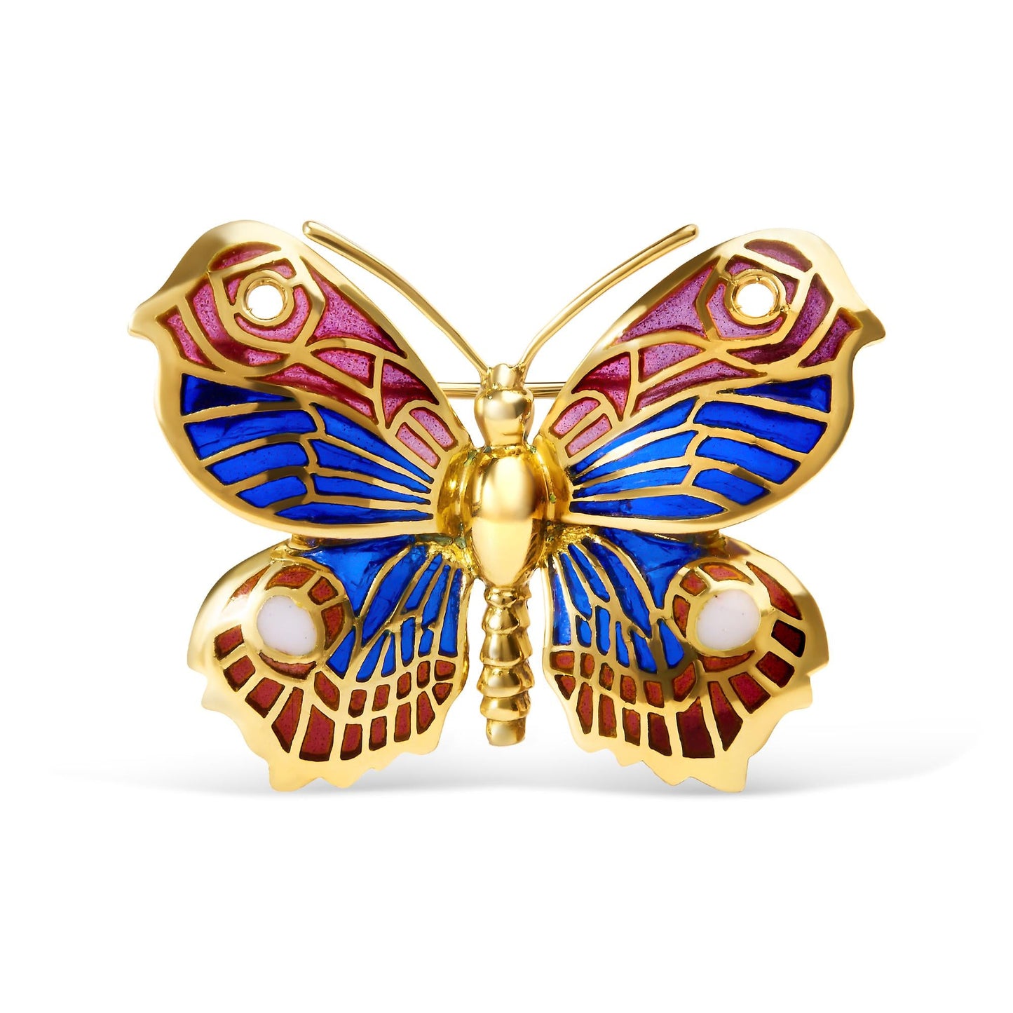 18K Yellow Gold Red, Blue, and White Enameled Butterfly Brooch Pin-0