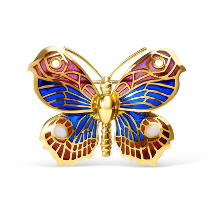 18K Yellow Gold Red, Blue, and White Enameled Butterfly Brooch Pin-0