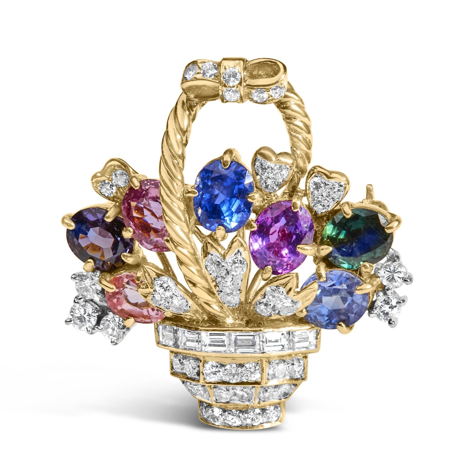 18K Yellow Gold 1 1/10 Cttw Diamond and Mixed Gemstone Floral Bouquet Pendant and Brooch Pin (G-H Color, VS1-VS2 Clarity)-0