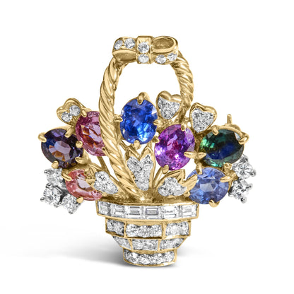 18K Yellow Gold 1 1/10 Cttw Diamond and Mixed Gemstone Floral Bouquet Pendant and Brooch Pin (G-H Color, VS1-VS2 Clarity)-0