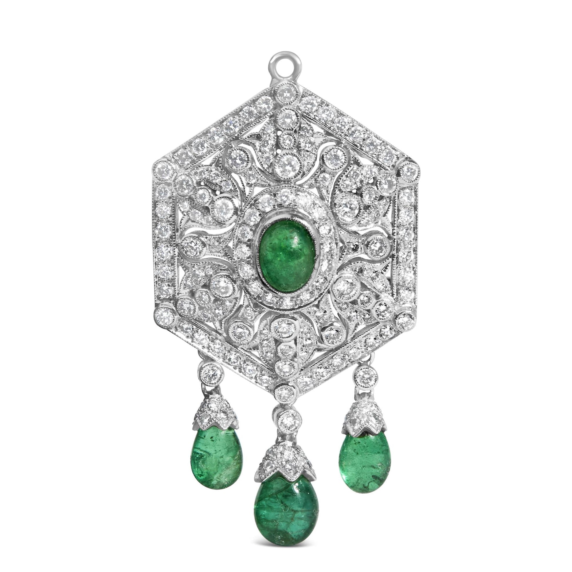 18K 2 3/4 Cttw Diamond and Emerald Dangle Art Deco Shield Brooch Pin Pendant (G-H Color, VS1-VS2 Clarity) CHAIN NOT INCLUDED-0