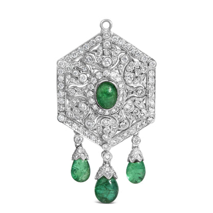 18K 2 3/4 Cttw Diamond and Emerald Dangle Art Deco Shield Brooch Pin Pendant (G-H Color, VS1-VS2 Clarity) CHAIN NOT INCLUDED-0