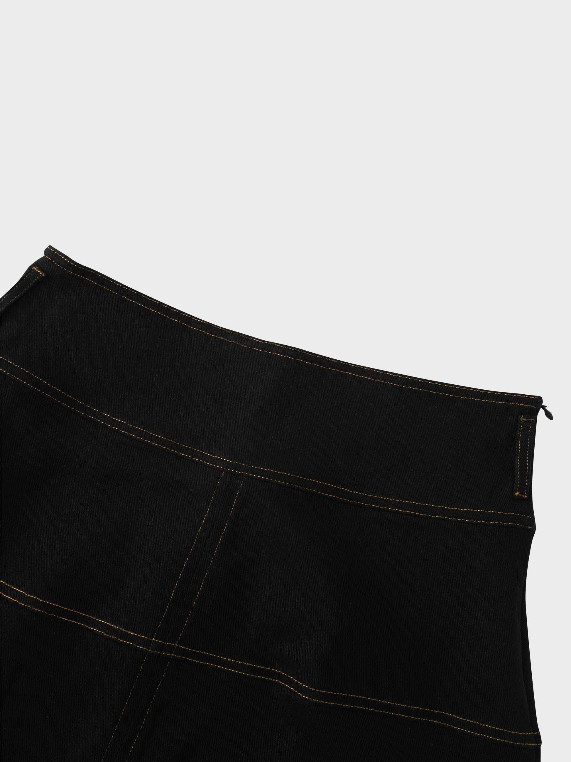 Stitched Tiered Belted Denim Skirt-Black-2