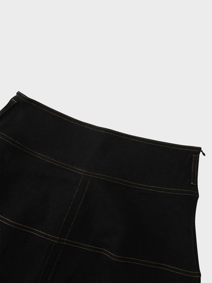 Stitched Tiered Belted Denim Skirt-Black-2