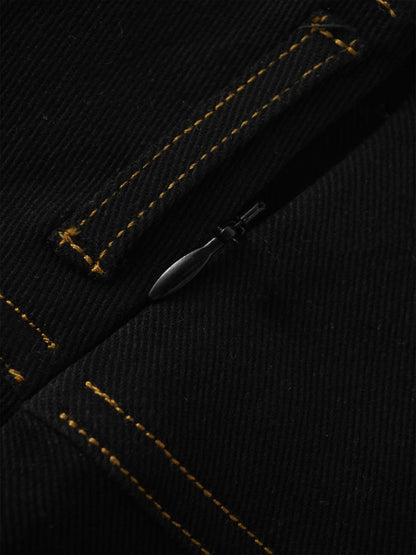 Stitched Tiered Belted Denim Skirt-Black-3