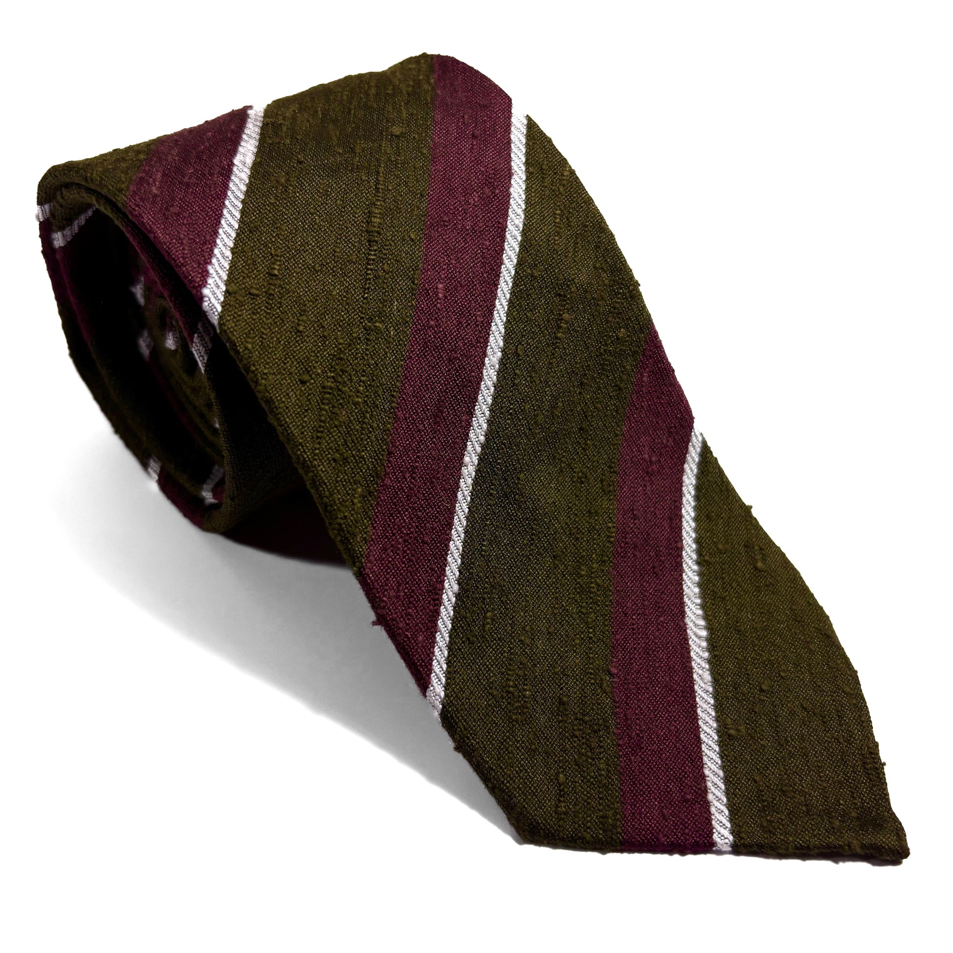 Untipped Olive Green / Brown Striped Silk Shantung Tie-0