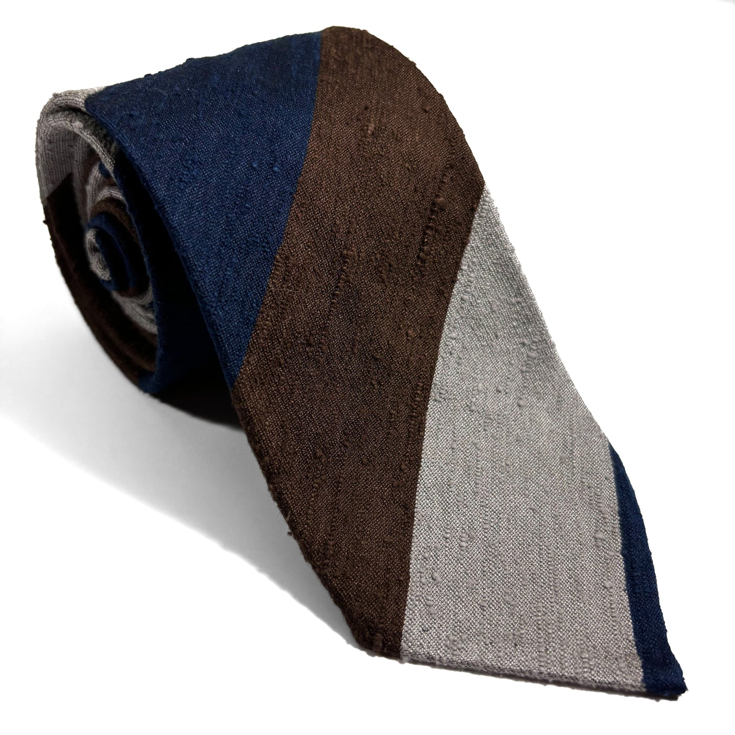 Navy Blue / Silver / Brown Block Stripe Untipped Silk Shantung Tie-0