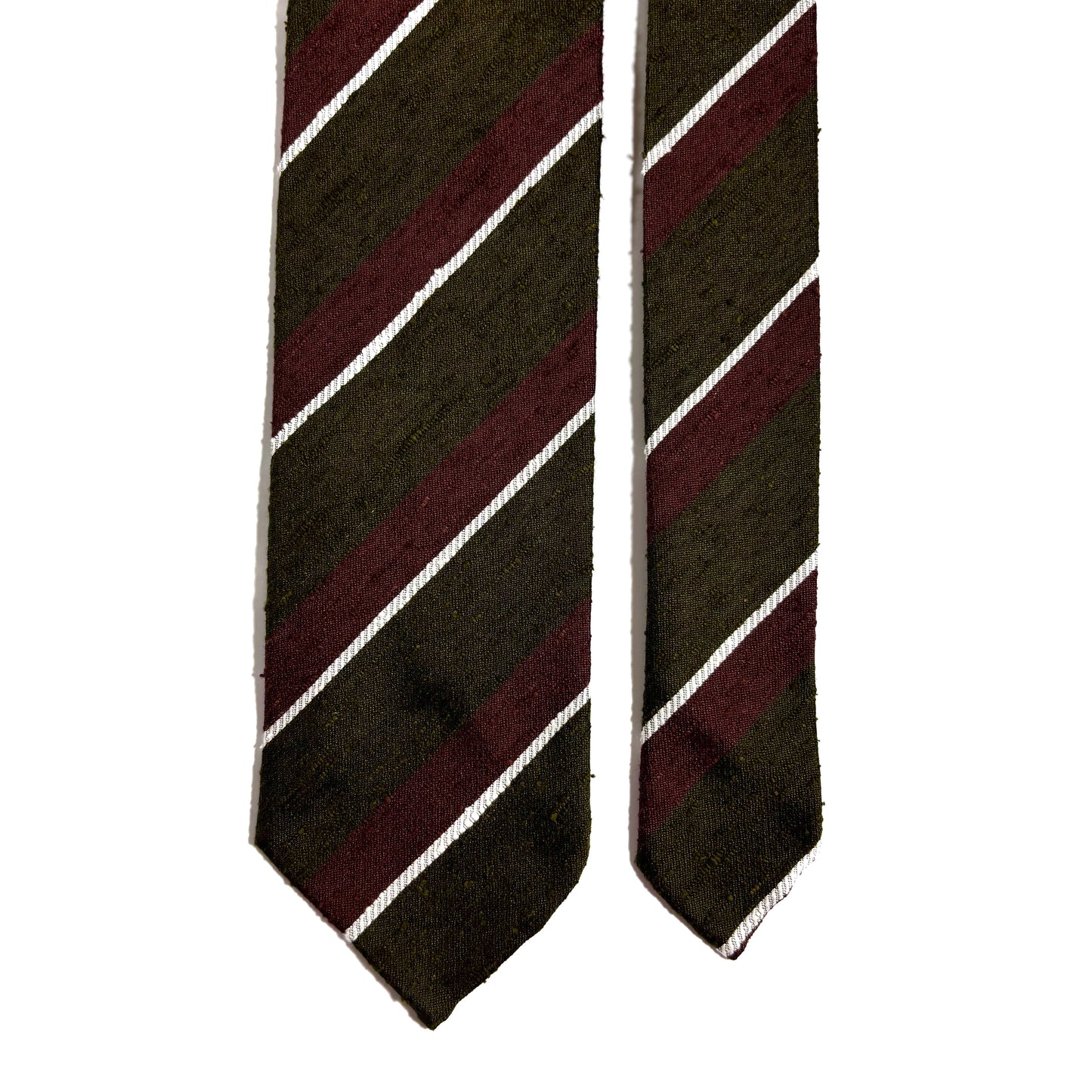 Untipped Olive Green / Brown Striped Silk Shantung Tie-2