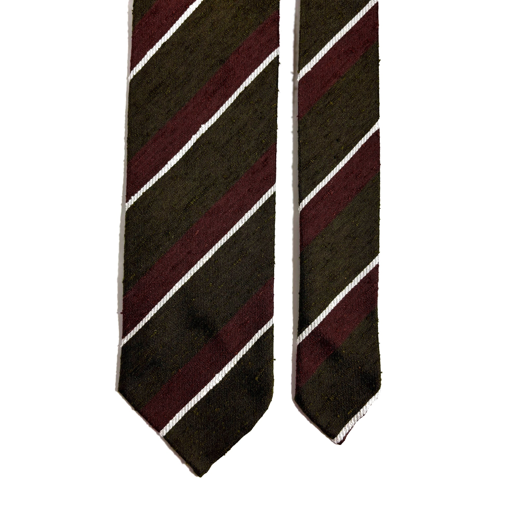 Untipped Olive Green / Brown Striped Silk Shantung Tie-2