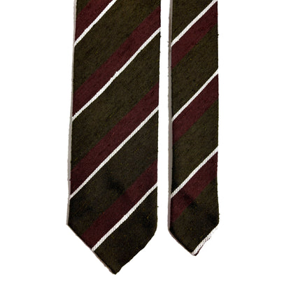 Untipped Olive Green / Brown Striped Silk Shantung Tie-2