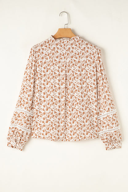 Khaki Printed Lace Detail Floral Puff Sleeve Fall Shirt