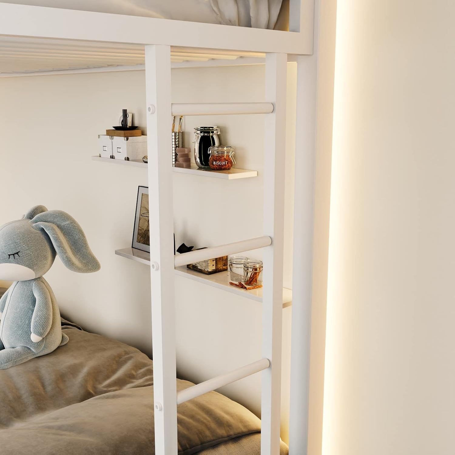 Metal Loft Bunk Bed Twin over Full Size with Safety Guardrail and Ladder, No Box Spring Needed Space Saving Bedroom Furniture, Cream White-3